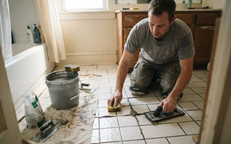 A close-up of a tile installer's hand using a grout float to press fresh grout into the joints between bathroom floor tiles