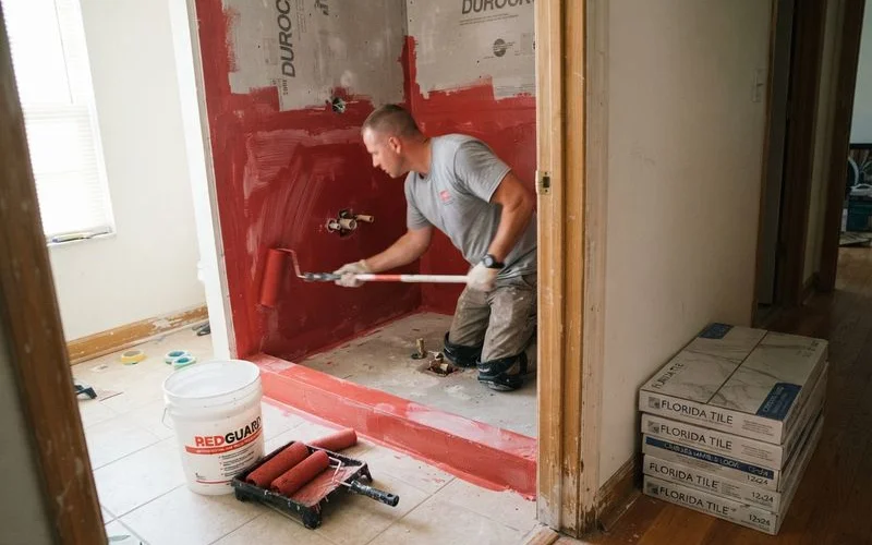 A contractor applying a waterproofing membrane over cement backer board in a gutted shower stall before any tile is set