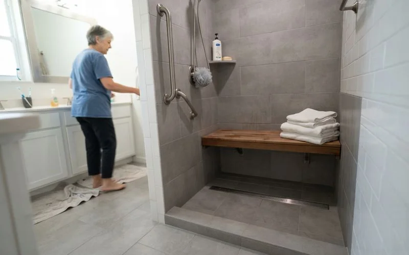 A newly tiled curbless walk-in shower with a built-in bench and grab bars, finished with matte slip-resistant tile on both the floor and walls