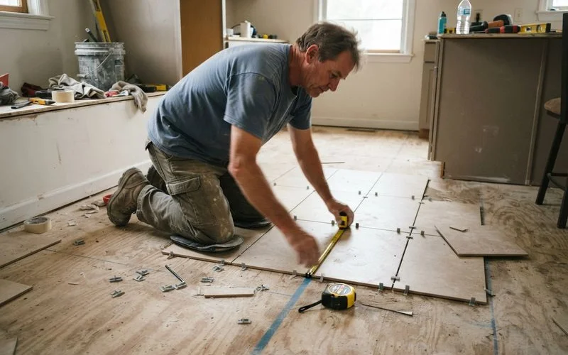 A contractor kneeling to dry-lay several tiles across a bathroom floor, checking spacing and alignment before applying any adhesive