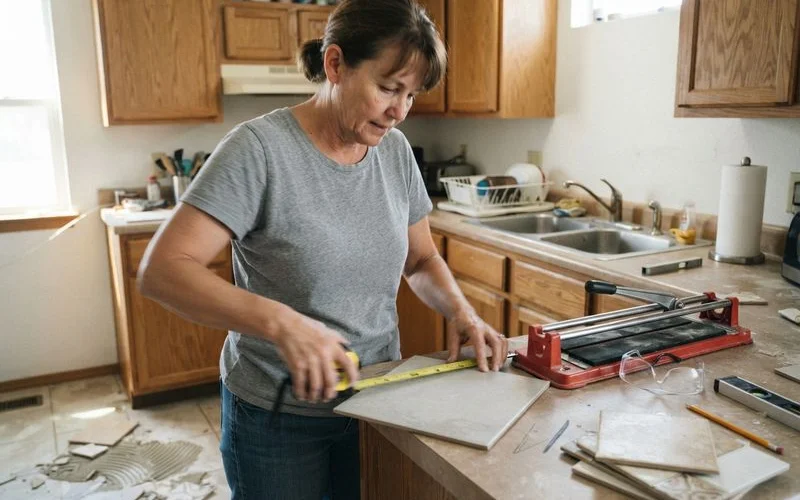 A homeowner carefully measuring and marking a tile before making a cut with a small wet saw on a kitchen counter