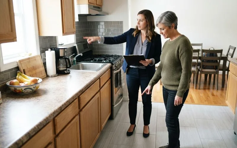 A real estate agent and homeowner walking through a freshly tiled kitchen with a for-sale sign visible through the window