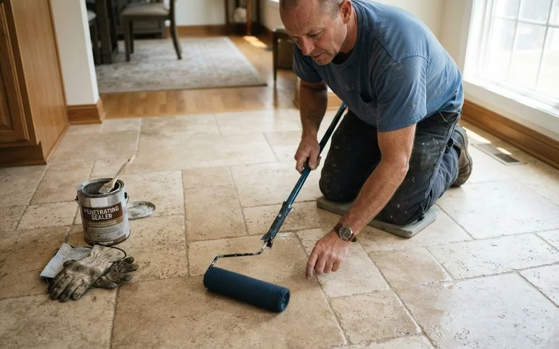 A contractor applying penetrating sealer with a foam applicator across a freshly installed travertine floor before it sees daily foot traffic