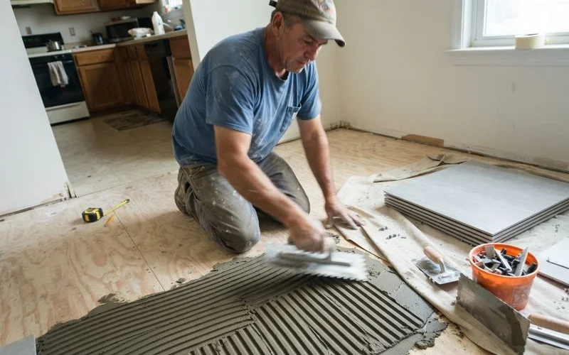 A tile installer kneeling on a subfloor, using a notched trowel to spread thinset mortar before setting the next row of ceramic tile