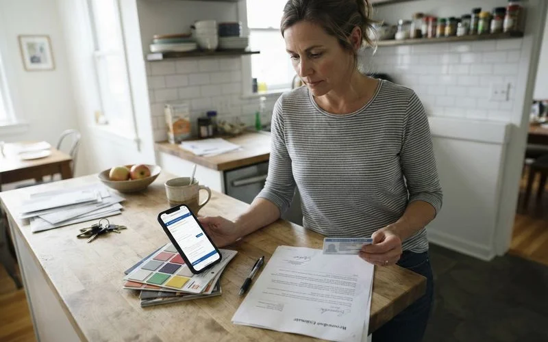 A homeowner reviewing a printed contractor license verification page alongside a written estimate at a kitchen table