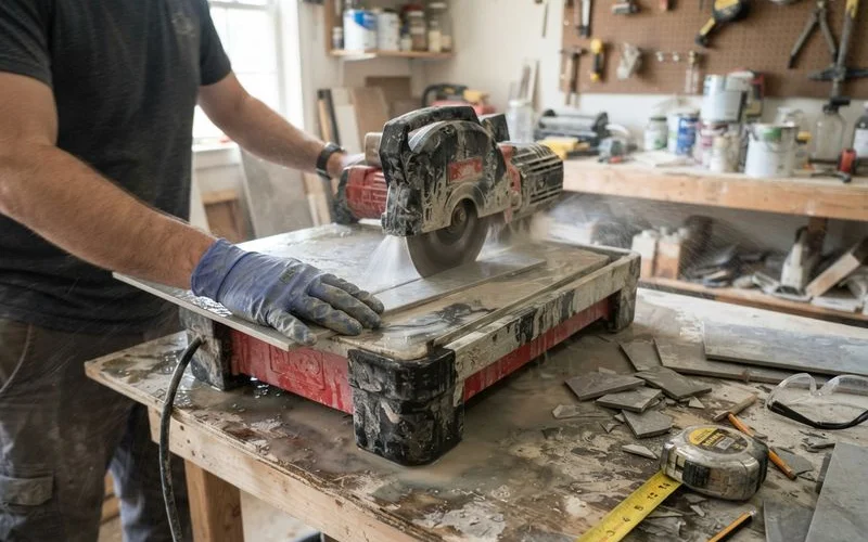 A wet tile saw with a visible stream of water running across the blade while cutting a porcelain tile, keeping dust suppressed at the cut line
